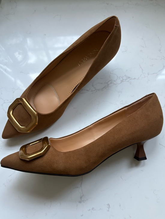 Nine West Shoes - Nine West Suede Pointed-Toe Kitten Brown Heel Pumps with Gold Buckle